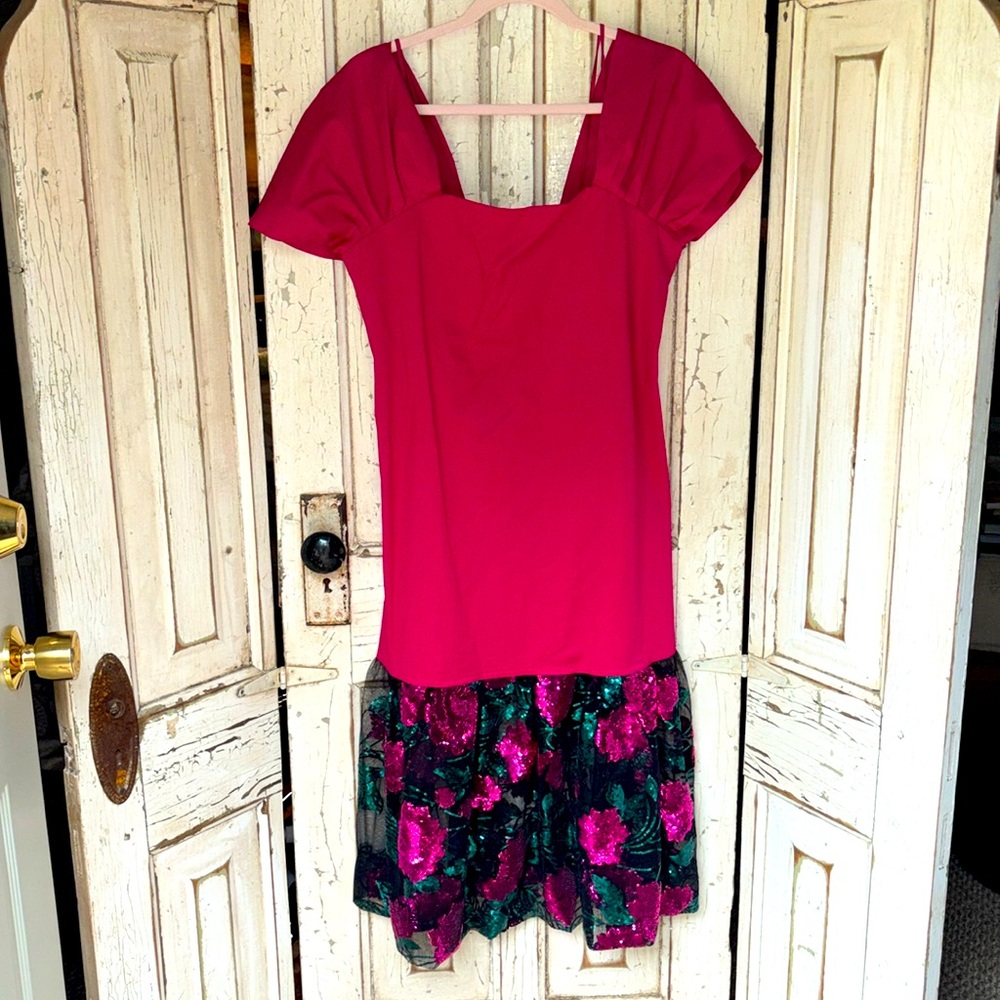 Theory Hot Pink sequence floral  Midi Dress medium